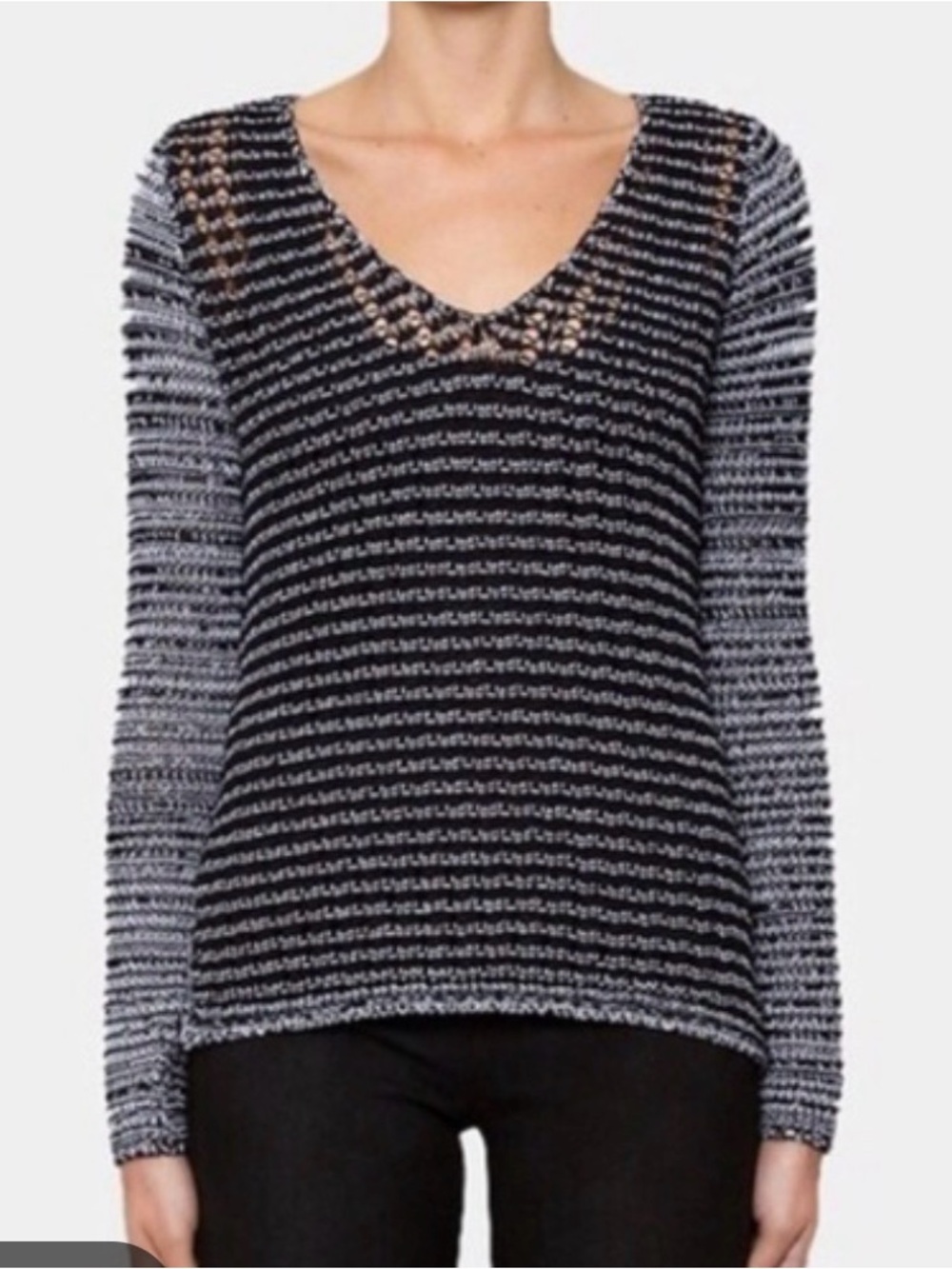 Helmut Lang V-Neck Crocher Black and White Sweater